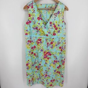 VTG Faded Glory Stretch Sateen Empire Waist Dress Women's 14 Aqua Floral Y2K NEW